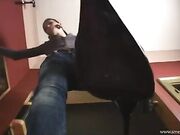 Mistress Lara-sweaty nylon footprint on glass