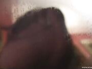 Mistress Lara-sweaty nylon footprint on glass