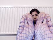 young whore show her feet in fishnets then barefoot