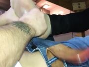 Couple nylon footjob under table