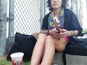 Homeless Mature Lady At The Park Shows 0ff Her Dirty Feet