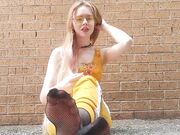 Blonde babe sexy fishnets feet soles tease pov joi