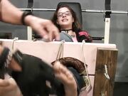 Super ticklish Em feet tickled in stocks