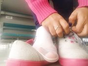 Public Shoeplay - Latina Taking off nylon socks and Sneakers