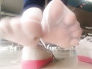 Public Shoeplay - Latina Taking off nylon socks and Sneakers