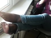 Rina Foxxy - black nylon, feet flats tease