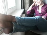 Rina Foxxy - black nylon, feet flats tease