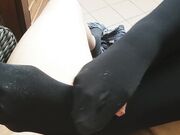 Cum on her Feet after Pantyhose Footjob on the Balcony